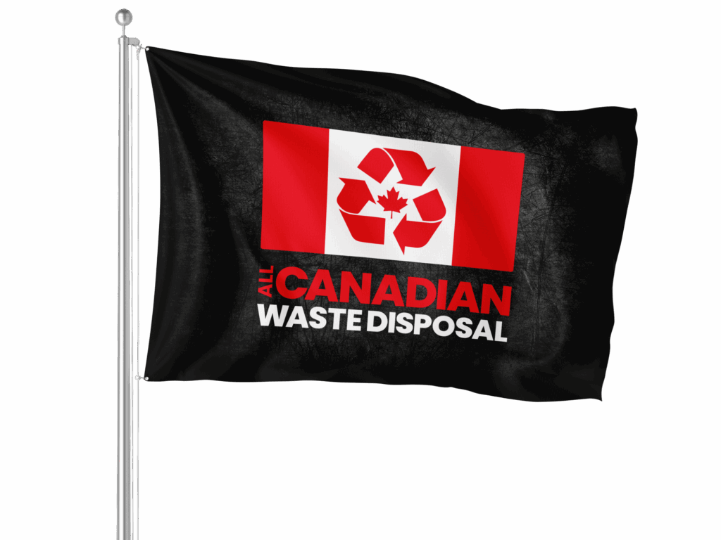 All Canadian Waste Disposal A black flag with a stylized Canadian flag design, featuring a red recycling symbol with a maple leaf and the text “All Canadian Waste Disposal” underneath, represents trusted waste management services. residential and commercial waste management