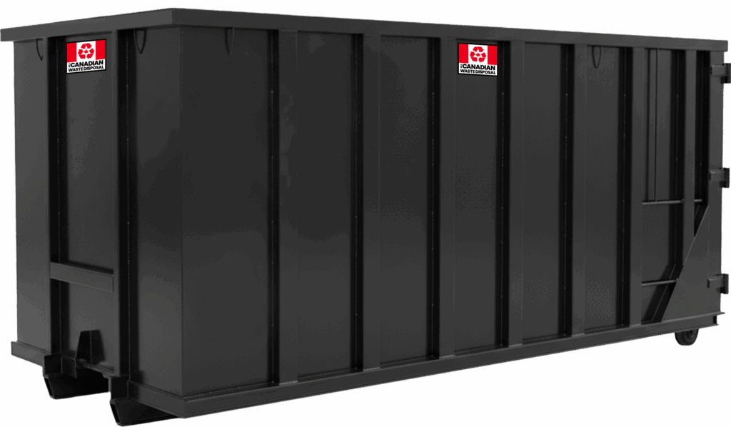 All Canadian Waste Disposal Large black metal dumpster with a closed top and side handles, featuring a Canadian Waste logo on two visible sides—ideal for effective waste management and suitable for use with waste bins from All Canadian Waste Disposal. residential and commercial waste management