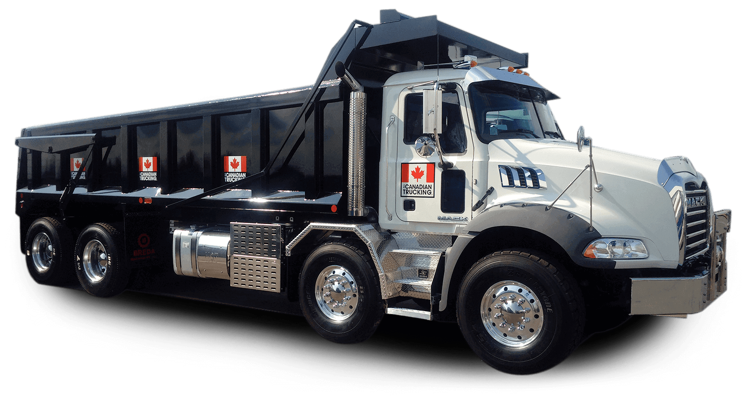 All Canadian Waste Disposal A large white and black dump truck with shiny chrome wheels and “Canadian trucking” logos on the doors and side panels, parked on a white background, showcasing its essential role in all Canadian waste disposal and waste management services. residential and commercial waste management